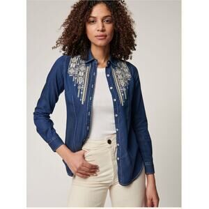 Overland Women's Large Sandpiper Embroidered Denim Shirt Button Up Western Rodeo